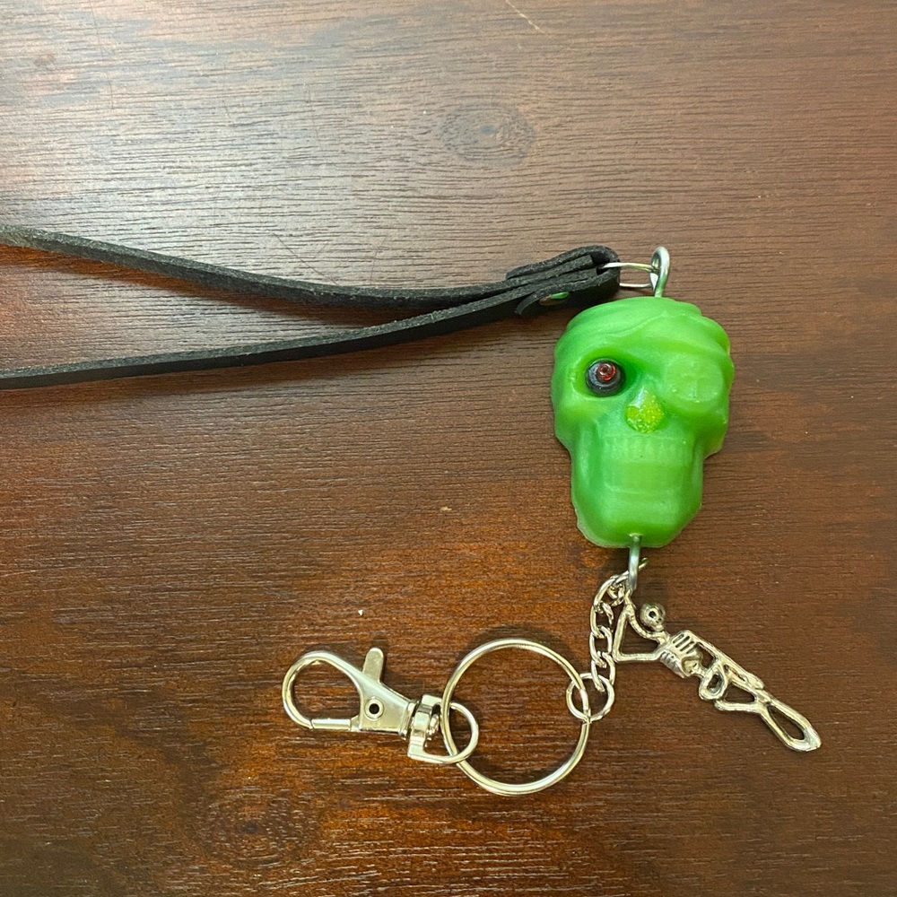 Green Skull Keychain with Leather Strap